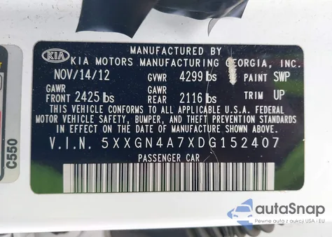 2013 Kia Optima Ex из США, поврежденный, VIN 5XXGN4A7XDG152407